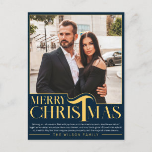 Cartão Postal De Festividades Foto de Natal da Família Azul e Dourado Elegante