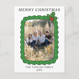 Cartão Postal De Festividades Foto de Natal da Família com Azevinho Desenhado à