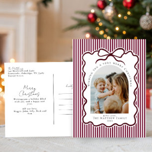 Cartão Postal De Festividades Foto de Natal da Família com Laço de Fita de Vinho