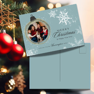 Cartão Postal De Festividades Foto de Natal da Família de Ornamento Azul Floco d