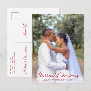 Cartão Postal De Festividades Foto de Natal de Recém-Casados com Letra Vermelha