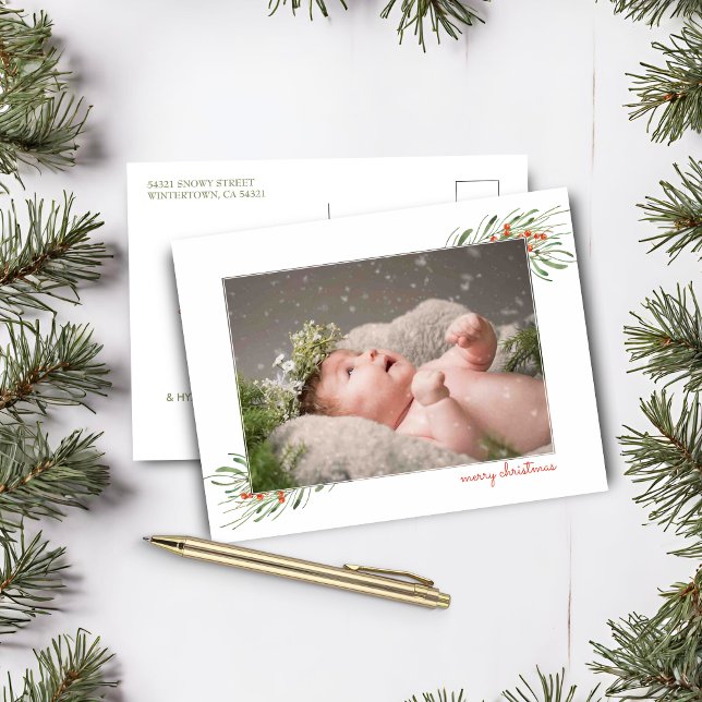 Cartão Postal De Festividades Foto de Natal do Elegant Foliage Berries (Elegant Foliage Berries Merry Christmas Photo Holiday Postcard)