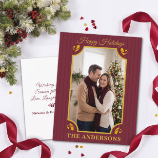 Cartão Postal De Festividades Foto de Natal em Dourado e Burgundy Listrado