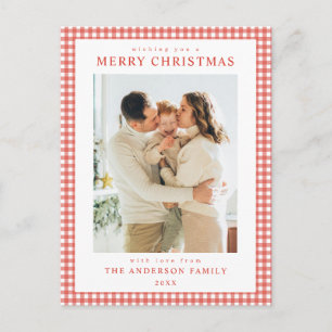 Cartão Postal De Festividades Foto de Natal em Xadrez Vermelho Minimalista