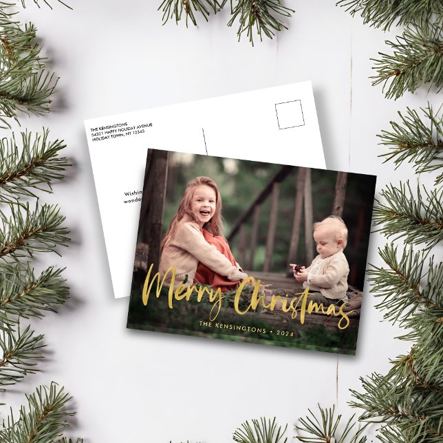 Cartão Postal De Festividades Foto de Natal Merry Foto de Roteiro Gold (Gold Foil Script Merry Christmas Holiday Photo Postcard)