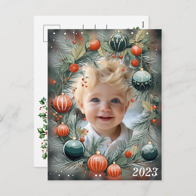 Cartão Postal De Festividades FOTO de Natal Personalizada Verde Férias (Frente/Verso)