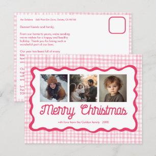 Cartão Postal De Festividades Foto de Natal Pink de Gingham Wavy 3