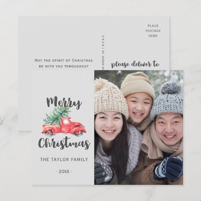 Cartão Postal De Festividades Foto de Natal Red Truck and Tree (Frente/Verso)