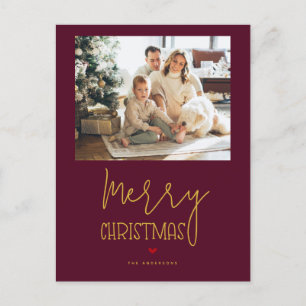 Cartão Postal De Festividades Foto de Natal Simples e Dourada da Burgundy