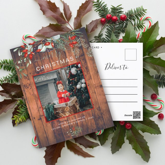 Cartão Postal De Festividades Foto de Natal verde Madeira Rústica (You will love these beautiful Christmas cards! They feature botanical watercolor pine and berries.)