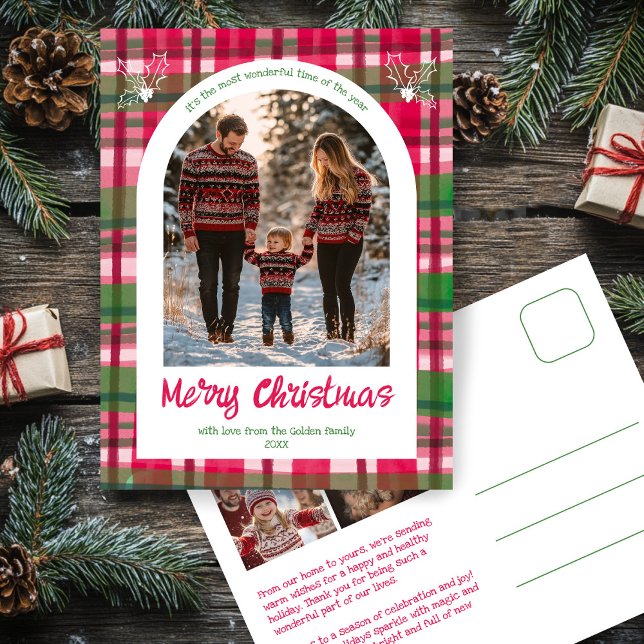 Cartão Postal De Festividades Foto do Arco Personalizado de Natal da Xadrez d'ág (Watercolor Plaid Rustic Minimalist Christmas Arched Photo 3 Photo CUSTOM Holiday Postcard
)