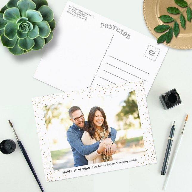 Cartão Postal De Festividades Foto do Feliz ano novo Glam Dourado Confetti (Criador carregado)