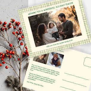 Cartão Postal De Festividades Foto do Natal Verde Chic Gingham 3