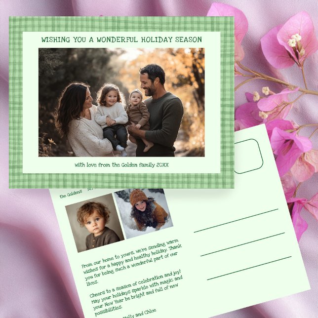 Cartão Postal De Festividades Foto do Natal Verde Chic Gingham 3 (Chic Gingham Green Christmas Custom 3 Photo Holiday Postcard
)