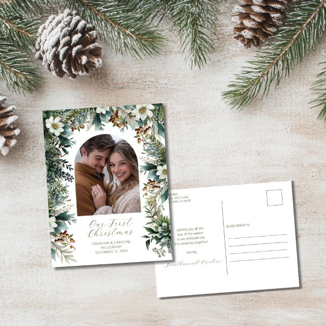 Cartão Postal De Festividades Foto do Primeiro Natal Elegante Greenery Arch (Criador carregado)