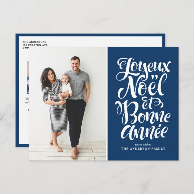 Cartão Postal De Festividades Foto do script do marinho Blue Joyeux Noël et Bonn (Frente/Verso)