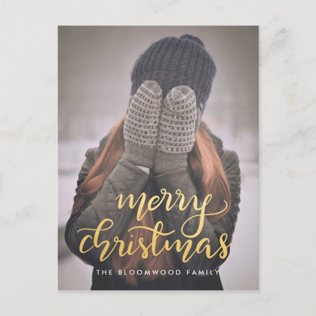 Cartão Postal De Festividades Foto Dourada de Script Faux manuscrito Feliz Natal (Frente)