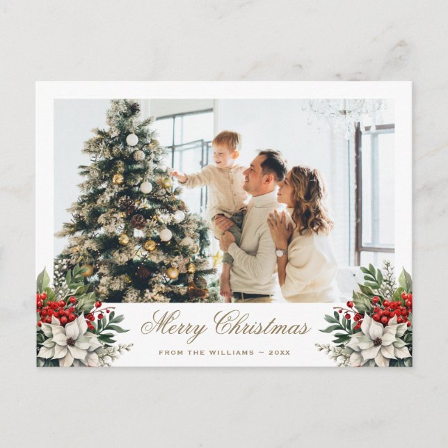 Cartão Postal De Festividades Foto Elegante Poinsettia Holly Red Berries (Frente)