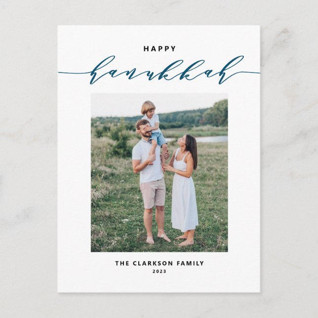 Cartão Postal De Festividades Foto Feliz de Hanukkah, Script Moderno e Elegante (Frente)