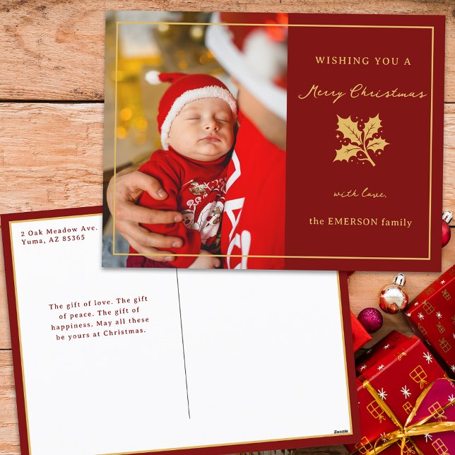 Cartão Postal De Festividades Foto mínima e elegante vermelha/Dourada (Criador carregado)