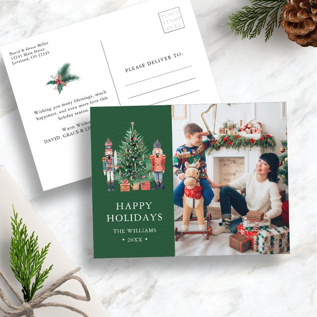 Cartão Postal De Festividades Foto Moderna Verde (Green Nutcracker Christmas Photo Holiday Postcard
)