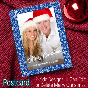 Cartão Postal De Festividades Foto Natal Floco de Neve Elegante Script Azul