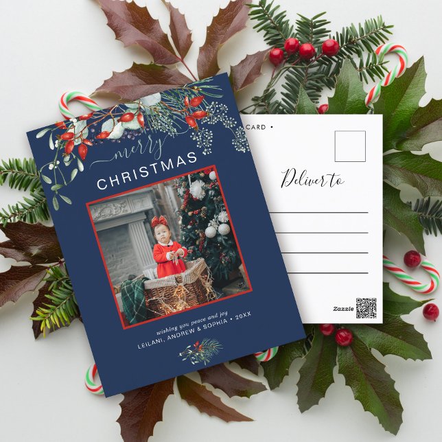 Cartão Postal De Festividades Foto Natal Verde Marinho de Água Azul (You will love these beautiful Christmas cards! They feature botanical watercolor pine and berries.)