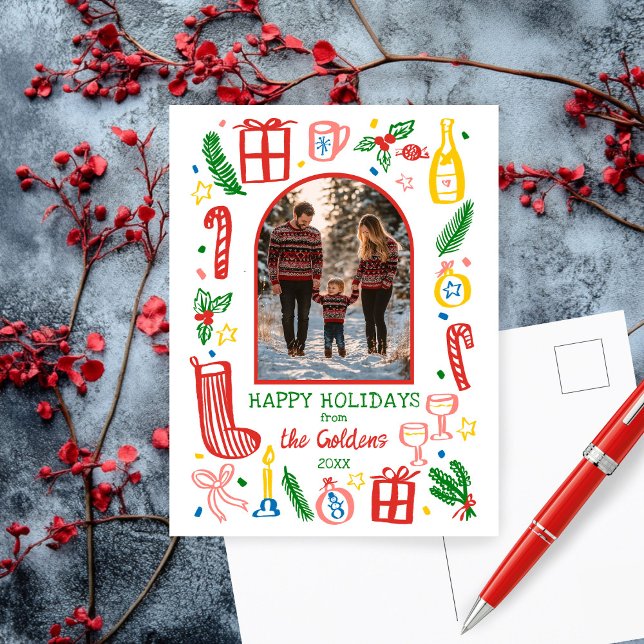 Cartão Postal De Festividades FOTO Personalizada Da Arca Fofa De Natal Whimsso (Whimsical Doodle Christmas Cute Custom Arch PHOTO Holiday Postcard
)