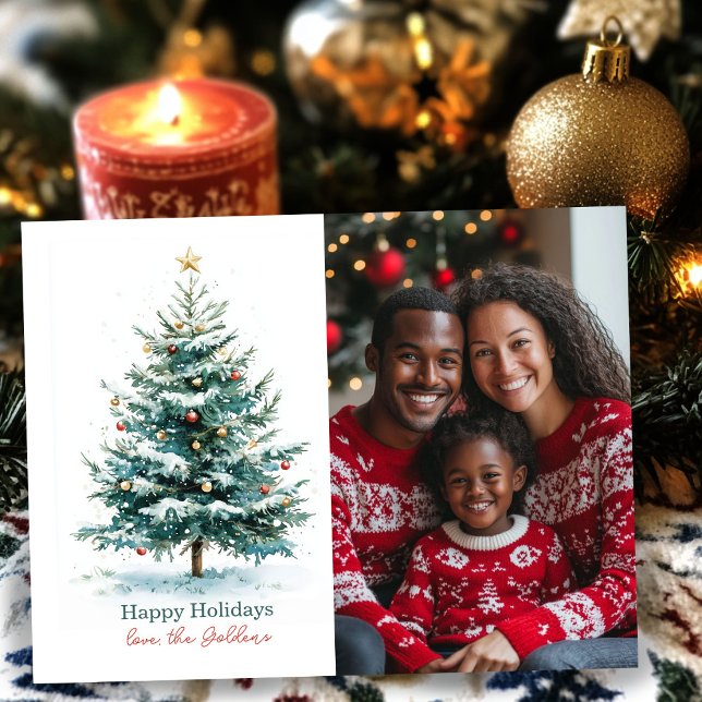 Cartão Postal De Festividades Foto Personalizada da Árvore de Natal Elegante Wat (Elegant Watercolor Christmas Tree Custom Photo Holiday Postcard
)
