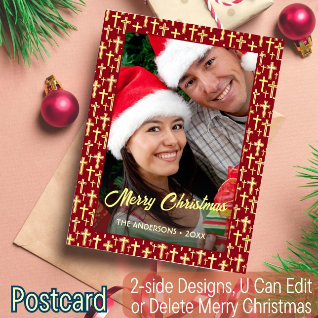 Cartão Postal De Festividades Foto Personalizada de Cruz Cristã - Script Vermelh (Criador carregado)
