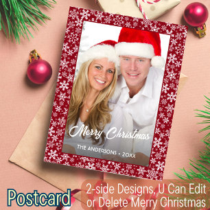 Cartão Postal De Festividades Foto Personalizada Floco de Neve Roteiro Vermelho