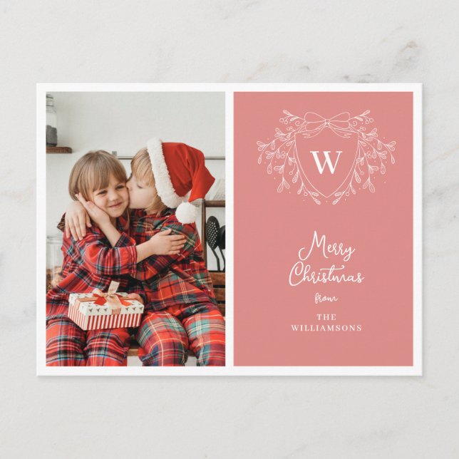 Cartão Postal De Festividades Foto rosa e branca moderna da crista de Natal (Frente)