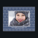 Cartão Postal De Festividades Foto Rustic Blue Menorah Hanukkah<br><div class="desc">Cartão-postal Rustic Blue Menorah Hanukkah Foto com um padrão festivo dos menorás de Chanucá e seu texto e foto personalizados. Envie seus cartões de natal de uma maneira divertida e peculiar com estes cartões postais queridos!</div>