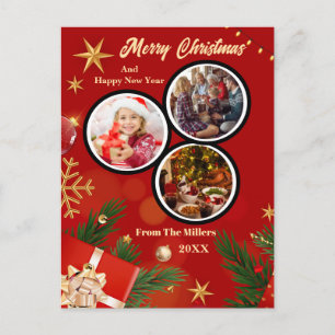 Cartão Postal De Festividades Foto Vermelho e Dourado Feliz Natal e Ano Novo