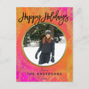 Cartão Postal De Festividades Fóton de Féria do Mandala Rosa Fúcsia Laranja e Do