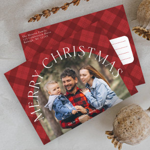 Cartão Postal De Festividades Fotos de Natal com Arco Xadrez Vermelho Moderno e 