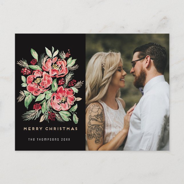 Cartão Postal De Festividades Fotos de rosas em aquarela vermelhas de Natal feli (Frente)