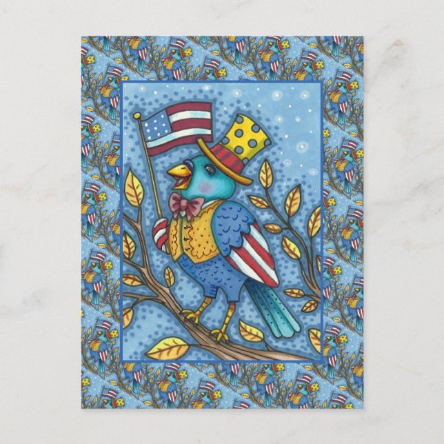 CARTÃO POSTAL DE FESTIVIDADES FOURTH OF JULY BLUEBIRD TWEET, AMERICAN FLAG USA (Frente)