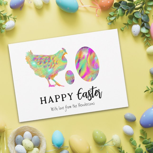 Cartão Postal De Festividades Frango felz pascoa e ovos aquarela (Personalized happy easter colorful watercolor cute chicken & Easter eggs holiday greetings postcard)