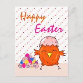 Cartão Postal De Festividades Frango Fofo com Ovos de Páscoa Coração Feliz Pásco