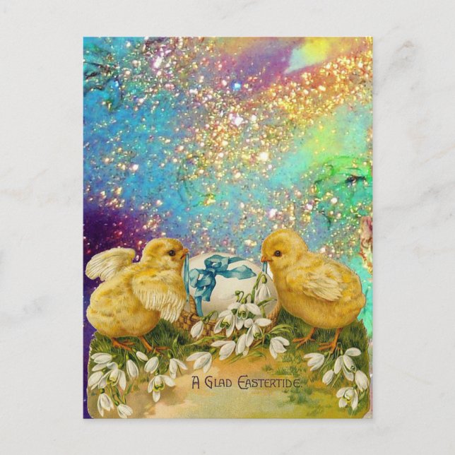 CARTÃO POSTAL DE FESTIVIDADES FRANGOS, NEVES E OVOS MAIS LEVES COM ARCO AZUL (Frente)