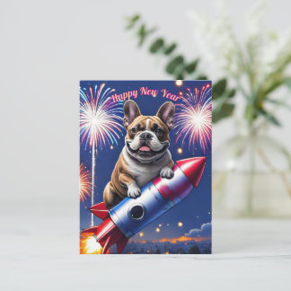 Cartão Postal De Festividades Französische Bulldogge Neujahr lustig Rakete