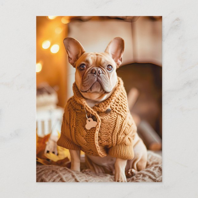 Cartão Postal De Festividades French Bulldog in Knitted Dog Attire (Frente)