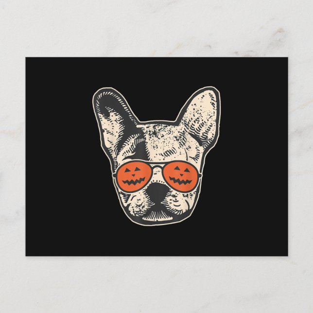 Cartão Postal De Festividades Frenchie De Óculos De Abóbora No Halloween Bulldog (Frente)