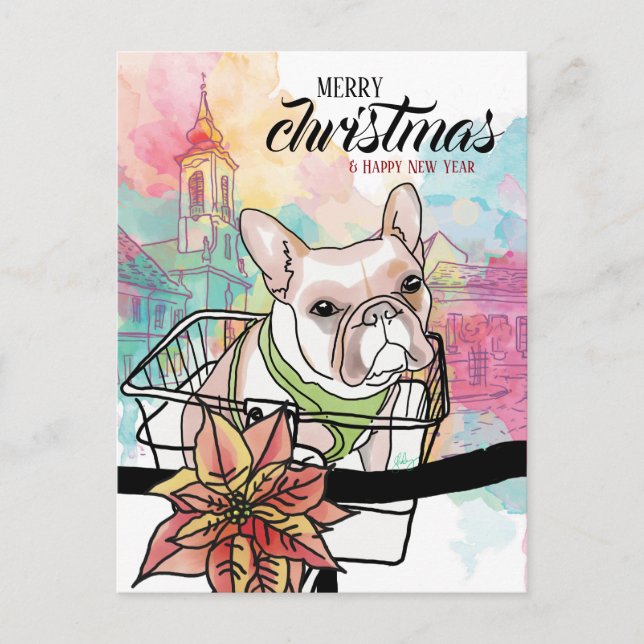 Cartão Postal De Festividades Frenchie personalizado para o Natal e o Ano Novo (Frente)