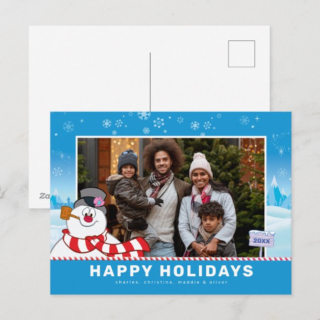 Cartão Postal De Festividades Frosty O Boneco de Neve | Foto de Família Feliz Na (Frente/Verso)