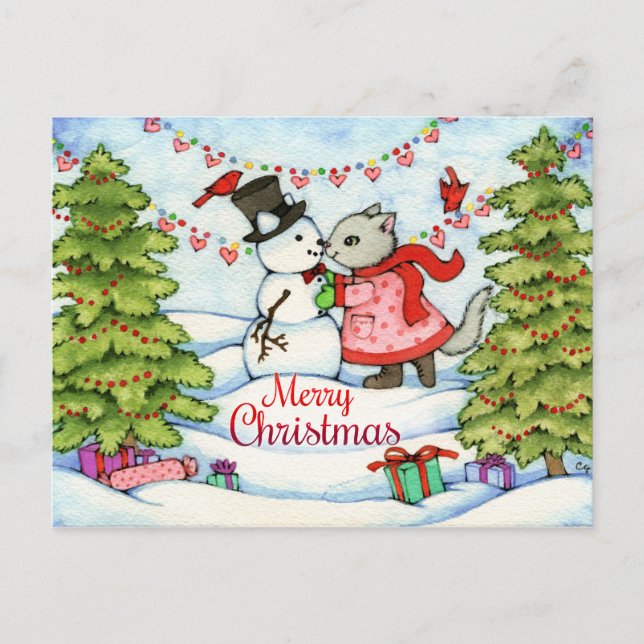 Cartão Postal De Festividades Frozen Kiss - Cute Christmas Cat Art (Frente)