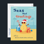 Cartão Postal De Festividades Fun Santa Claus Season Happy New Year<br><div class="desc">Fun Santa Claus Season Happy New Year Holiday Post Card a fun card to think of the warm sandy beach with Sandy Claus on it and presents. 
Personalize it with your names</div>