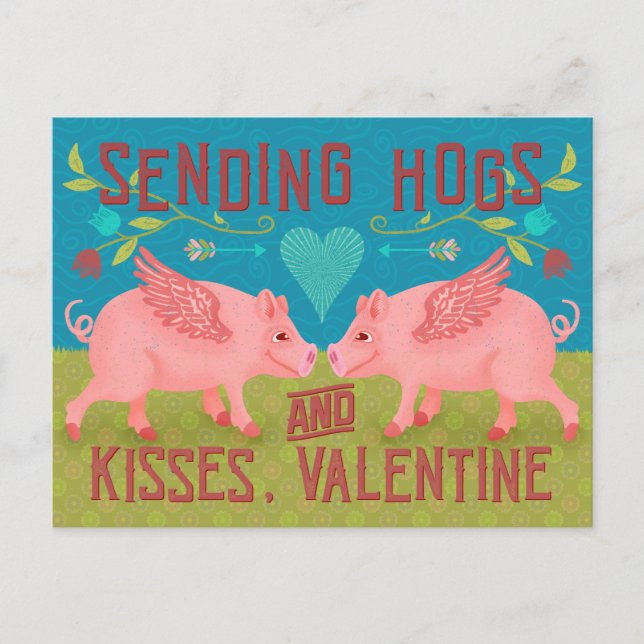 Cartão Postal De Festividades Funny Happy Valentines Day Pigs Pun Kids Classroom (Frente)