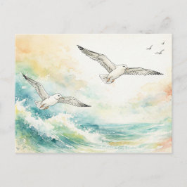Cartão Postal De Festividades Gaivotas Serenas Sobre Ondas do Oceano Aquarela